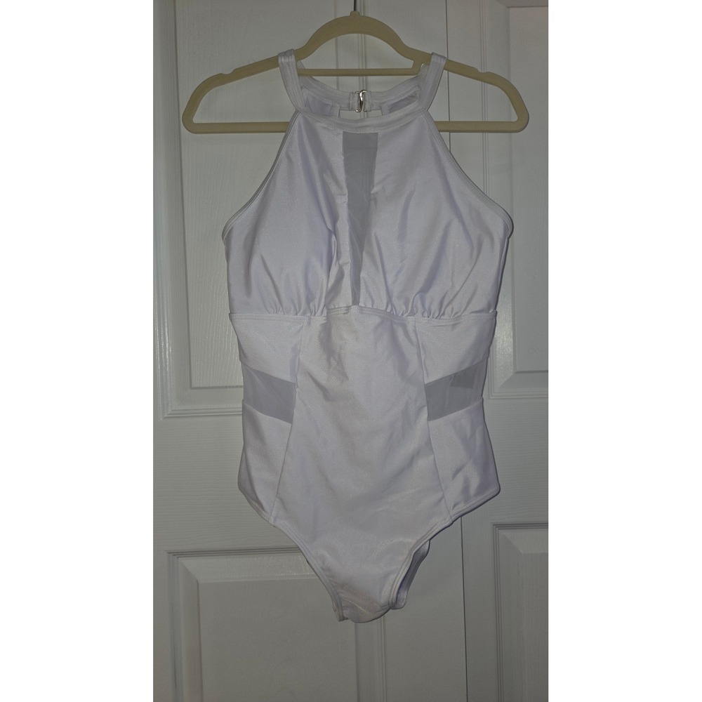 DACI Womens White Halter One Piece Swimsuit Mesh Panel Cutout XL New